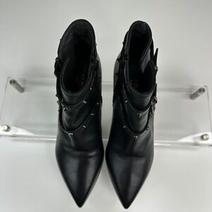 Napoleoni Black Leather Pointed Toe Buckle Studded Ankle Boots EU‎ 38